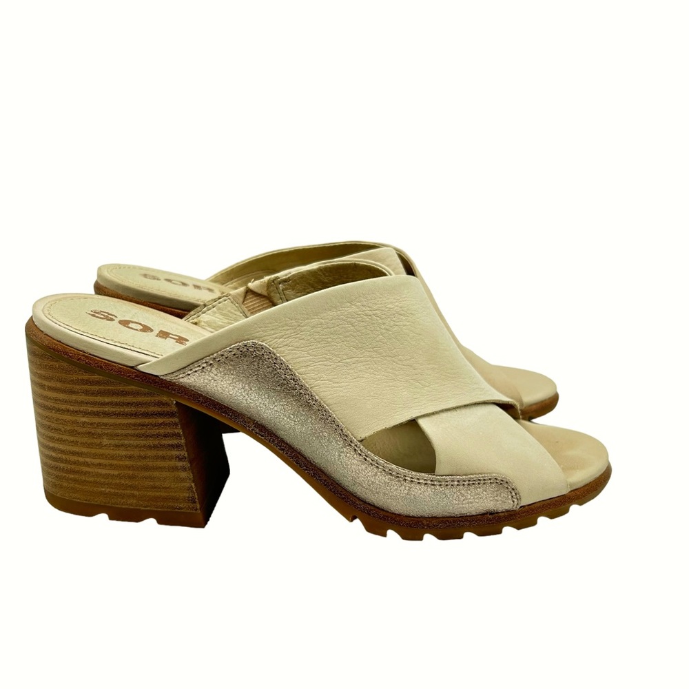 Sorel Nadia Mule Chunky Heel Tan Beige & Rose Gold Accent Rubber Grip Sole SZ 9